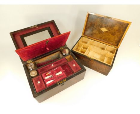 VICTORIAN BOXES.A rosewood work/jewellery box, the base with lift-out tray & concealed drawer, containing various tools etc, 