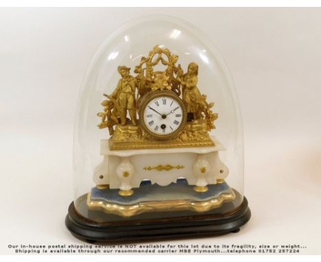 DOMED CLOCK. A 19th century alabaster & gilt spelter clock beneath a glass dome. Actual height without dome & stands 29cm.Ple