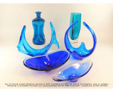 POST WAR GLASS ETC. Three modern blue glass bowls, a post war ovoid bowl (possibly Scandinavian), a Czechoslovakian vase & a 