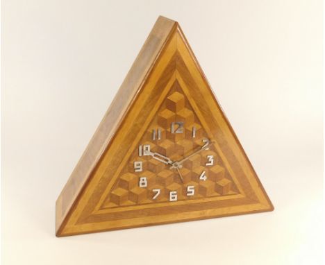 MODERNIST CLOCK. A 1930's/40's Modernist mantel clock with chromium numerals on parquetry. Original hands. (Back board replac
