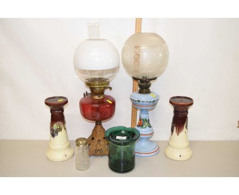 Mixed Lot:  Two late Victorian oil lamps together with a pair of small plant stands and other items