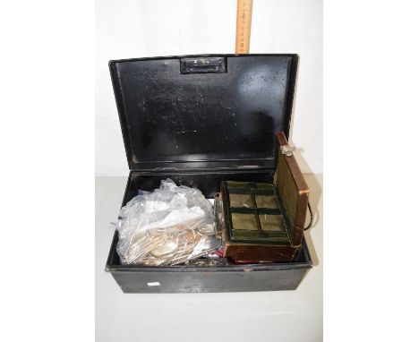Metal cash tin containing various silver plated cutlery, small jewellery box and other items