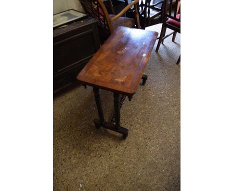 A Victorian small centre table, the top inlaid with flowers and butterflies, raised on bobbin turned frame