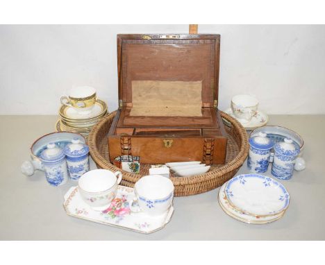 Mixed Lot: Various table wares, inlaid jewellery box, large wicker tray etc