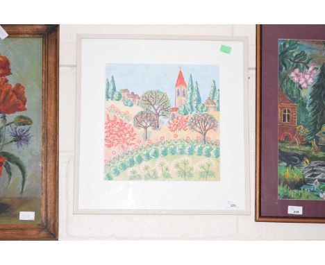 Collage watercolour framed and glazed of a meadow and church signed lower right. Amanda Kavavah 2009