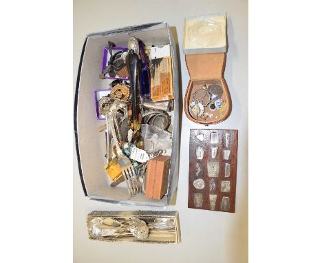 A box of various assorted cutlery, costume jewellery and other items