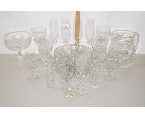 Mixed Lot: Various clear drinking glasses, glass bowl, jug etc