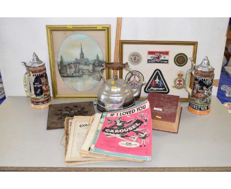 Mixed Lot: Modern German beer stein, sheet music, coloured print of Norwich Cathedral, Royal Airforce badges in frame, one vo