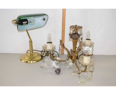 Mixed Lot: A reproduction bankers desk lamp together with a three branch chandelier