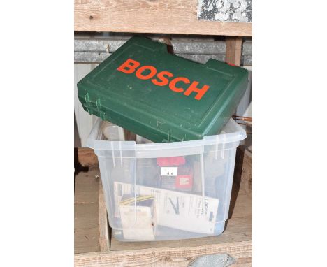 Mixed box of shed clearance items, tools, drills etc