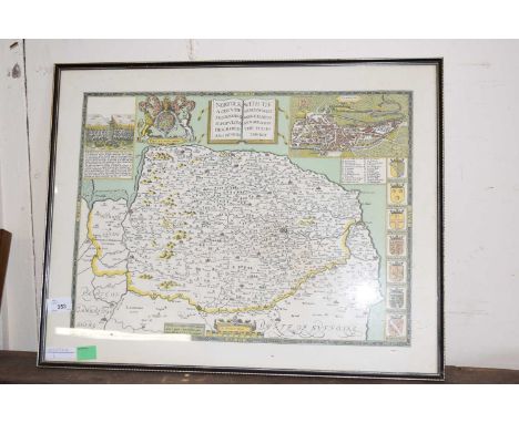 Reproduction coloured map of Norfolk, framed and glazed