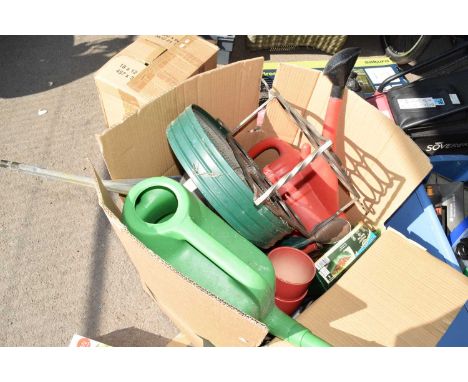 Mixed box of shed clearance items, garden tools etc
