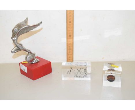 Automobile Interest - A Triumph car bonnet mascot together with a perspex paperweight filled with North Sea oil and one other