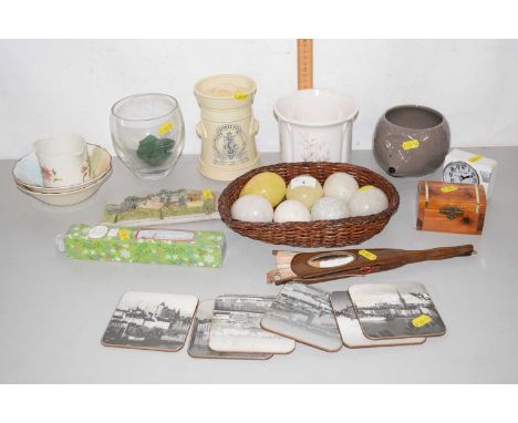 Mixed Lot: Polished stone eggs, various ceramics, key rack, vintage Sorento ware fan etc