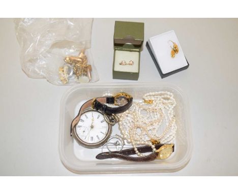 Mixed Lot: Base metal pocket watch, various wristwatches, costume jewellery etc
