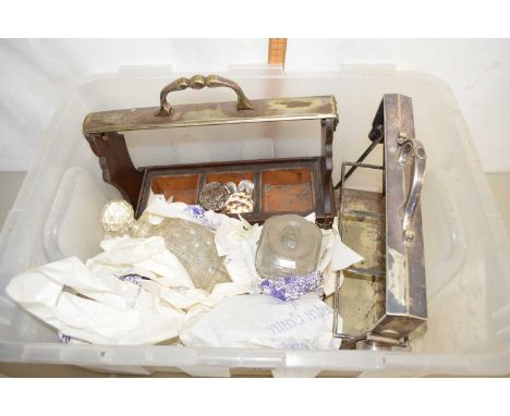 A silver plated tantalus frame together with another oak tantalus, various decanters etc