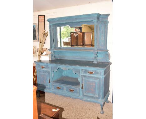 A large late Victorian mirror back sideboard with later blue and gilt painted body with sign written detail in French