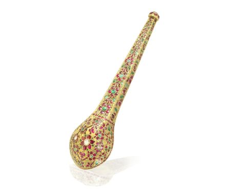 A fine Mughal style gem-set gold spoon Indiawith shallow rounded bowl, the multifaceted handle of tapering form terminating i