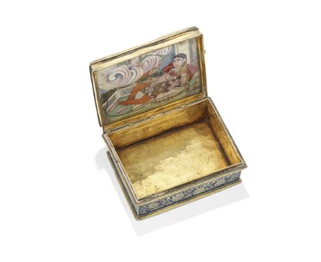 An unusual enamelled silver-gilt box with moving erotic interior Lucknow or Hyderabad, 18th Centurythe box of rectangular for
