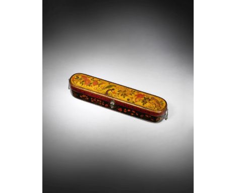 A rare and fine lacquer penbox (qalamdan) attributed to Rahim Deccani Deccan, late 17th Centuryof rectangular form with curve