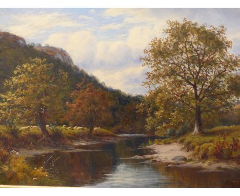 THOMAS SPINKS (1872-1907) TREE LINED RIVER WITH SHEEP GRAZING. OIL ON CANVAS. SIGNED AND DATED L/R. 34 X 25 cm.