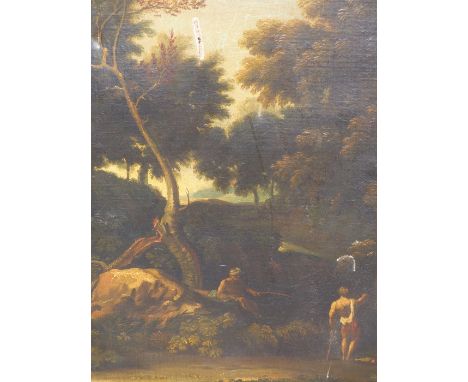 17TH /18TH CENTURY OLD MASTER SCHOOL. TWO FIGURES BY A WOODLAND STREAM. OIL ON CANVAS. THE GILT FRAME BEARING ATTRIBUTION TO 