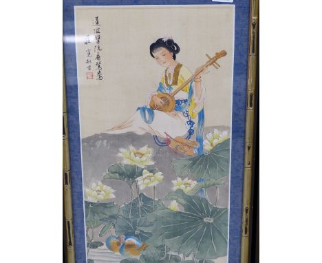 CHINESE ( 20TH CENTURY). FOUR SCROLL PANELS DEPICTING FEMALE MUSICIANS. WATERCOLOUR .27 X 60 cm. (4)