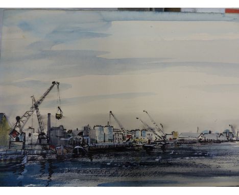 MARY? WALLIS? (20TH CENTURY) A DOCKLAND VIEW. WATERCOLOUR. SIGNED INDITINCTLY L/R  54 X 19 cm.