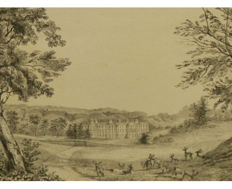 J K NEALE. (19THCENTURY SCHOOL) A DEER PARK WITH COUNTRY HOUSE IN THE DISTANCE. PENCIL ON PAPER SIGNED L/R. 35 X 22 cm.