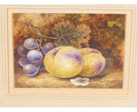 C.HUGHES. (20TH CENTURY?) STILL LIFE STUDIES, APPLES &amp; GRAPES AND PEACHES &amp; GRAPES. A PAIR. WATERCOLOURS. SIGNED L/R 