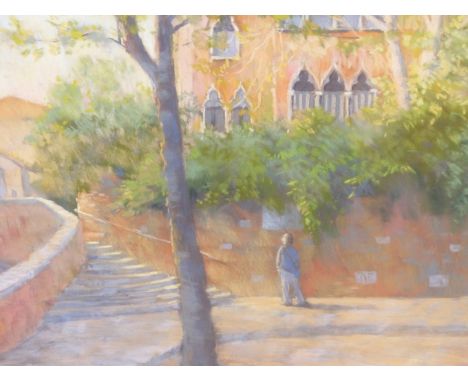 JACKIE SIMMONDS (B.1944) ARR. STEPS TO A SMALL BRIDGE. PASTEL. SIGNED L/R  55 X 42 cm.