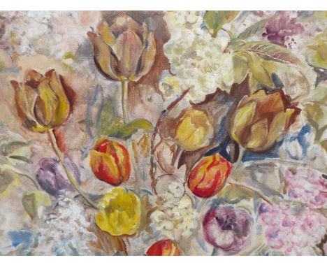 20TH CENTURY SCHOOL. STUDY OF TULIPS AND OTHER FLOWER , OIL ON CANVAS. SIGNED INDISTINCTLY L/R. 60 X 50 cm.