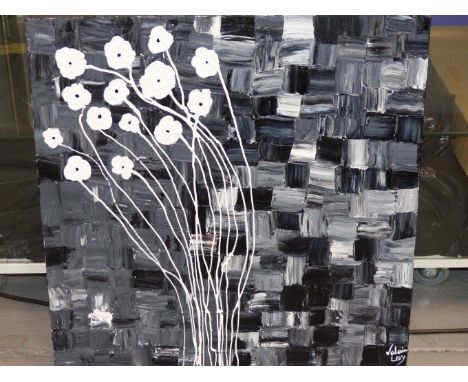 VALERIA LEVY (20TH CENTURY) BLACK AND WHITE FLOWERS. ACRYLIC ON CANVAS.. SIGNED L/R INSCRIBED AND DATED VERSO 2012. 60 X 60 c