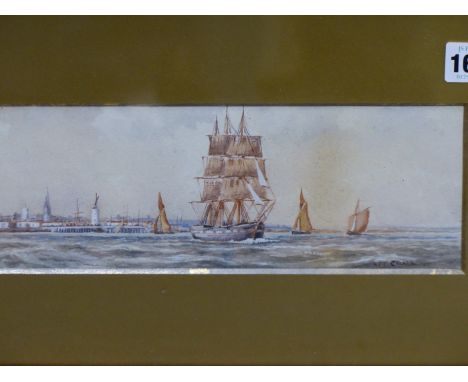 19TH CENTURY SCHOOL.  SHIIPPING SCENE. OFF CALAIS, WATERCOLOUR. TITLED L/R. 26 X 9 cm.
