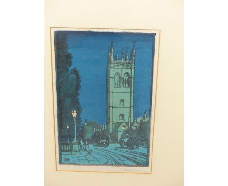 K. AUBREY MOORE, ACTIVE EARLY 20TH C. MAGDALANE BRIDGE, OXFORD CIRCA 1930, MONOGRAMMED IN PRINT AND SIGNED IN PENCIL. LINO CU