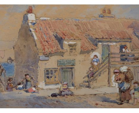 ATTRIBUTED TO MYLES BIRKET FOSTER (1825-99), NEWHAVEN, A MOTHER AND CHILDREN ABOUT A HOUSE ON A STREET, A WATERCOLOUR SKETCH,