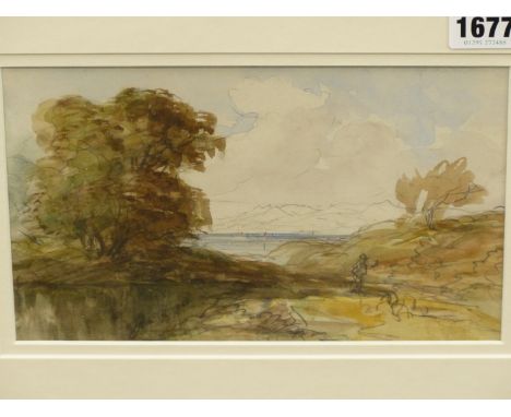 EARLY 19TH CENTURY SCHOOL. TRAVELLER ON A COASTAL PATH. PENCIL AND WASH SKETCH. 22 X 14 cm.