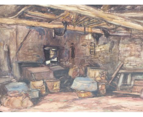 ADRIAN KEITH HILL (1895-1977) ARR. A WORKSHOP INTERIOR. WATERCOLOUR SIGNED L/R. 50 X 33 cm.
