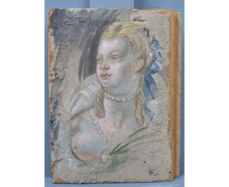 20TH CENTURY. - A SEMI CLAD MAIDEN. PASTEL ON CEMENT AND PINE PANEL. MONOGRAMMED INDISTINCTLY L/R 13 X 17 cm.