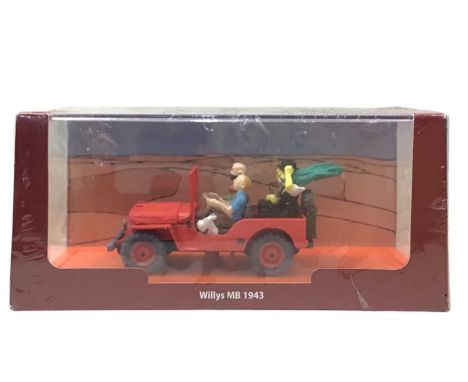 COLLECTION OF TINTIN MODEL FIGURES AND VEHICLES, BY MOULINSART including a car and caravan, tow truck and car, 1:14 scale Tin