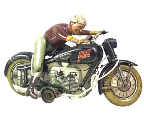 GERMAN TINPLATE CLOCKWORK VEHICLE, modelled as a Mac 700 motorcycle with rider, complete with key19cm longRider does mount an