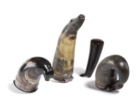 λ THREE SCOTTISH HORN ZOOMORPHIC SNUFF MULLS LATE 18TH / 19TH CENTURY each with bone eyes and silver mounts, one hallmarked f