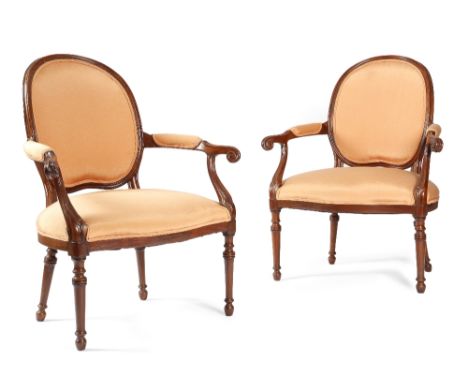 A PAIR OF ANGLO-CHINESE HUANGHUALI AND PADOUK OPEN ARMCHAIRS IN 'FRENCH HEPPLEWHITE' STYLE, LATE 18TH CENTURY each with an ov