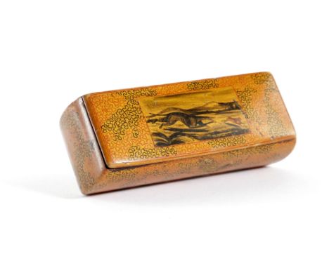A SCOTTISH SYCAMORE MAUCHLINE WARE AND PENWORK SNUFF BOX EARLY 19TH CENTURY all over decorated with a stylised seaweed design