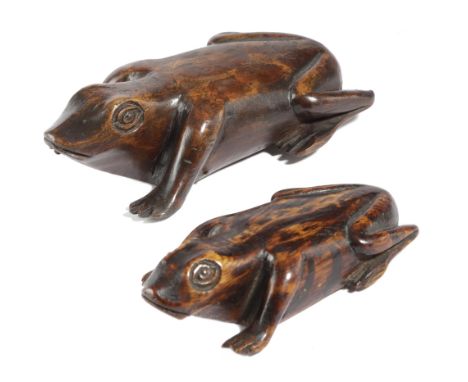 TWO TREEN FROG SNUFF BOXES MID-19TH CENTURY the larger one a table snuff box, each with a painted mottled finish and a hinged