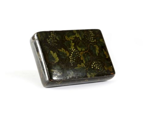 A SCOTTISH SYCAMORE MAUCHLINE WARE AND PENWORK SNUFF BOX EARLY 19TH CENTURY decorated all over with a grapevine, the foil lin