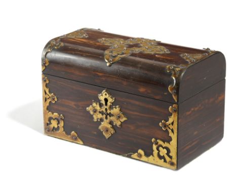 A VICTORIAN COROMANDEL TEA CADDY C.1860-70 with brass strapwork mounts, the interior with a pair of domed lidded compartments