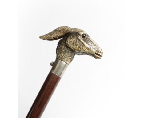 λ A RARE AUTOMATON IVORY HANDLED WALKING CANE LATE 19TH / EARLY 20TH CENTURY carved in the form of a donkey's head, with a pu