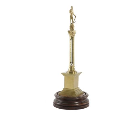 λ A GILT BRASS NELSON'S COLUMN DESK THERMOMETER BY G. STAIGHT, 19TH CENTURY depicting Admiral Lord Nelson standing holding an