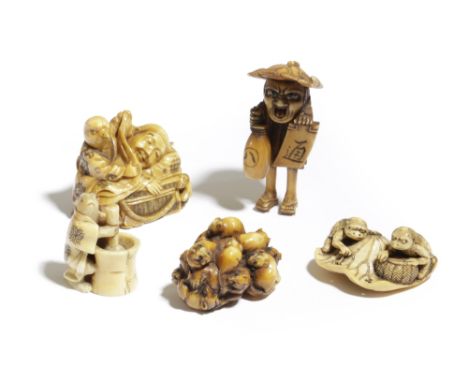 λ FIVE JAPANESE IVORY NETSUKE OF ANIMALS MEIJI PERIOD, 19TH CENTURY one carved as many rats on a lion mask, signed 'Gyokko' a